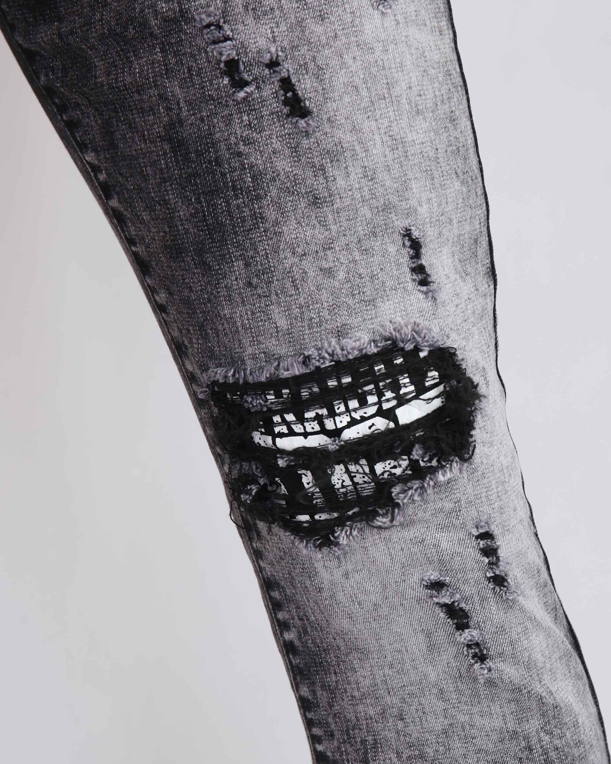 Irregular Wash Ripped Black Jeans with Black Patches