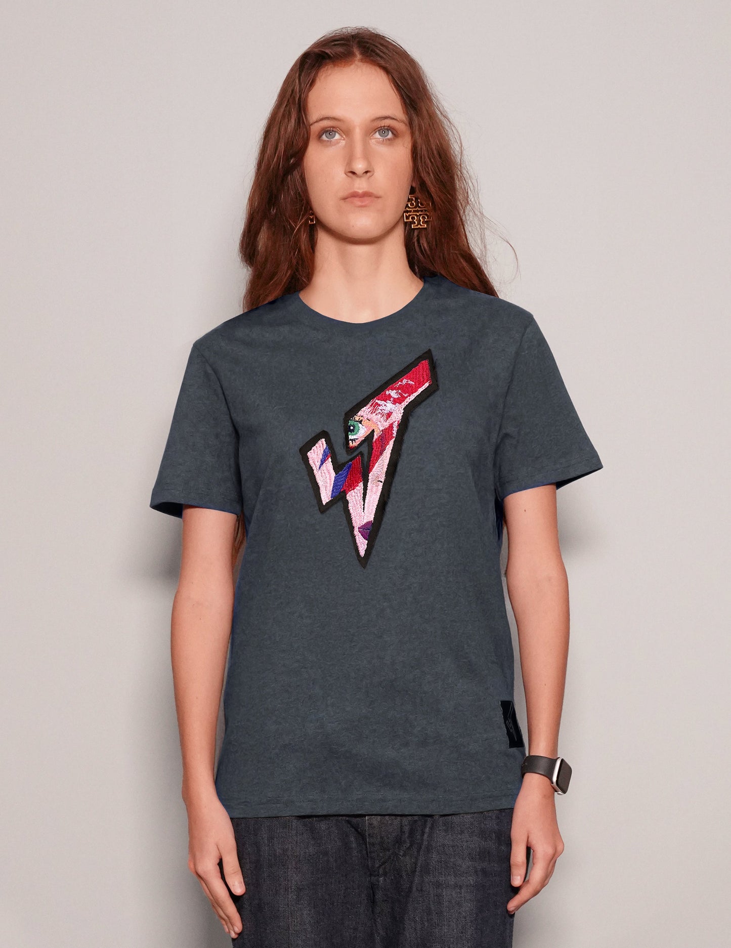 ST 'A Lad Insane' Embroidery Patch T-Shirt in Blue/Grey (Oversized Fit)