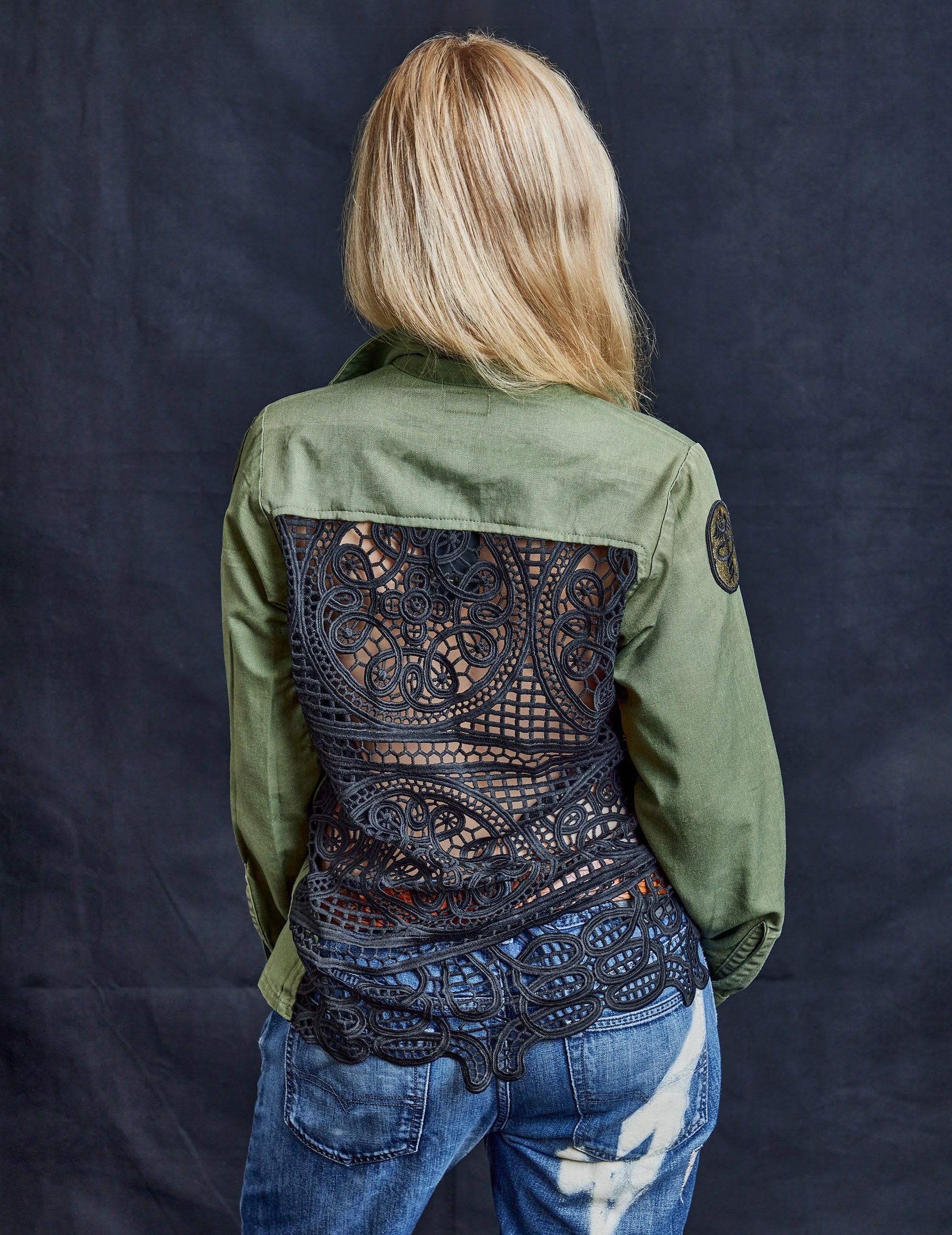Party Back Shirt - Black Lace - Khaki