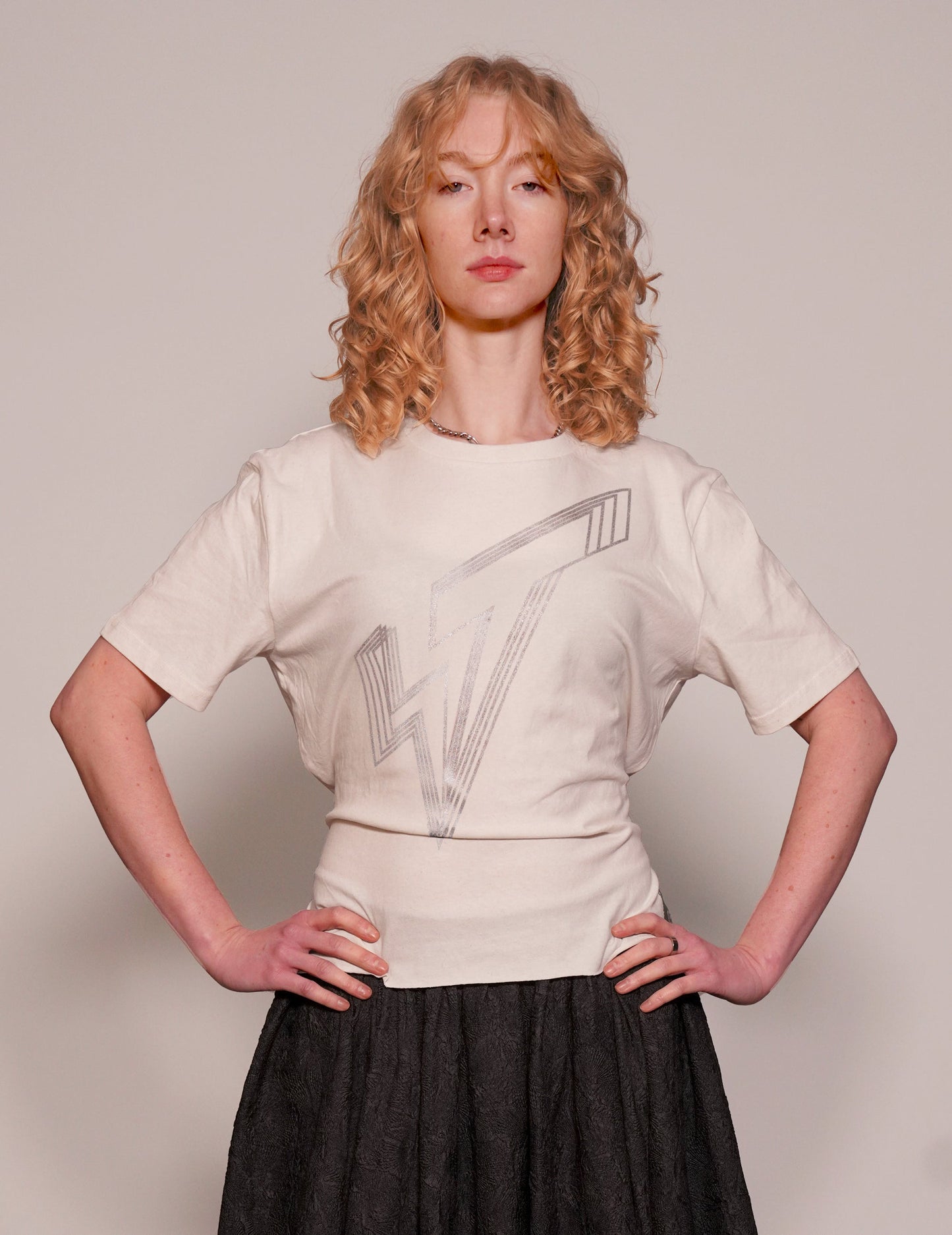 ST Silver Logo Tie-Tee in Ecru with Black Tie