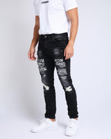 Gothic Graffiti Slim Fit Ripped Black Jeans
