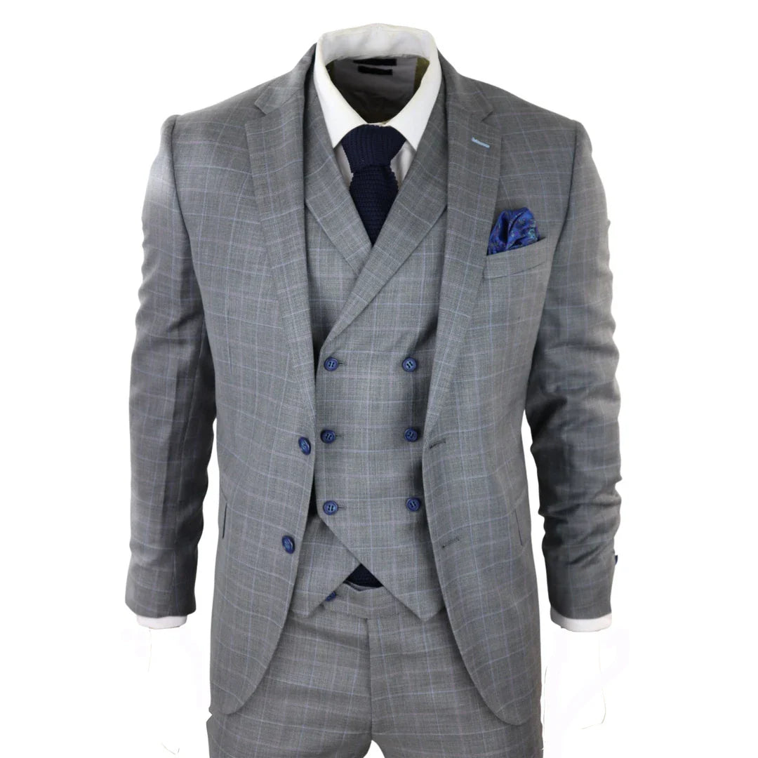 Men's Light Grey 3 Piece Suit Blue Check Double Breast Waistcoat Office Wedding Prom
