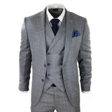 Men's Light Grey 3 Piece Suit Blue Check Double Breast Waistcoat Office Wedding Prom