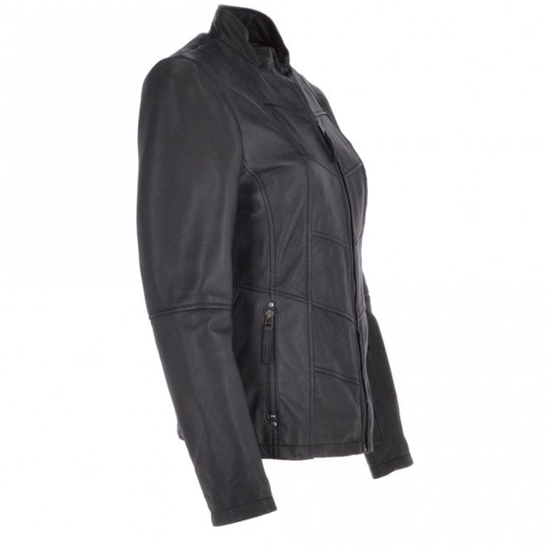 Women's Biker Style Leather Jacket With Zip Front & Stand Collar | Black