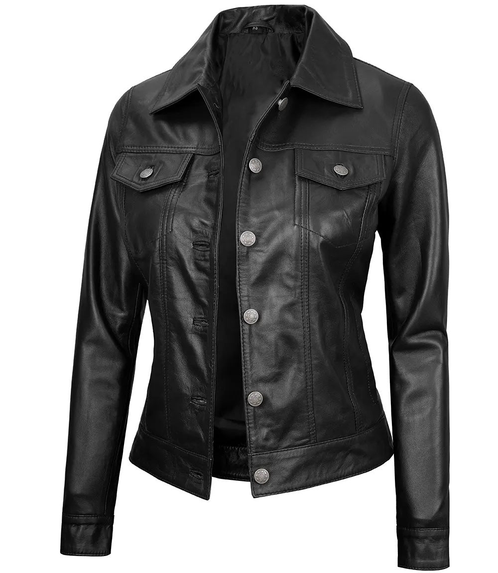 Women's Real Leather Cafe Racer Style Jacket | Black