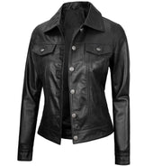 Women's Real Leather Cafe Racer Style Jacket | Black
