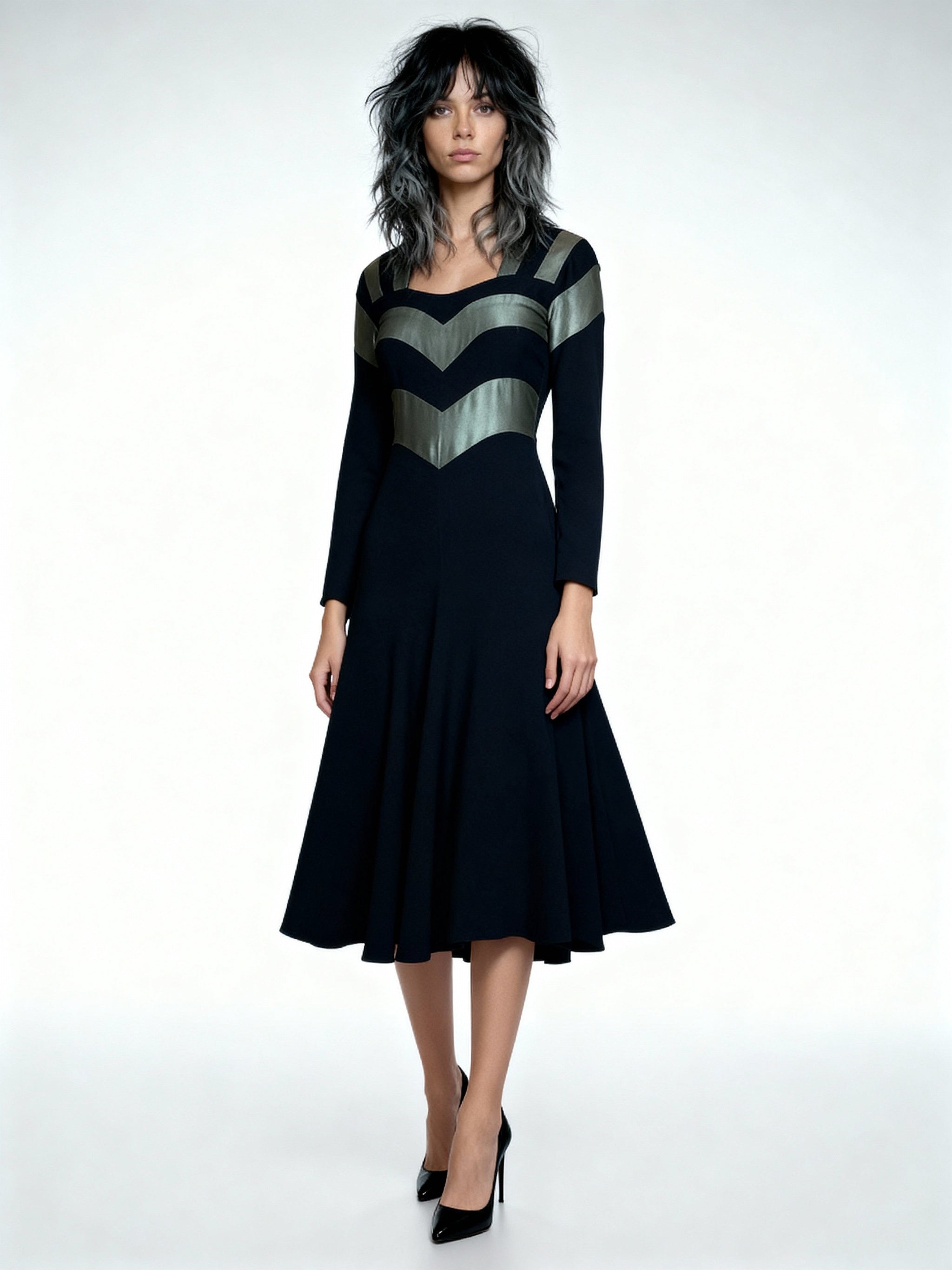1970's Original Vintage Very Rare Ossie Clark Black & Metallic Green Dress UK 8 - 10