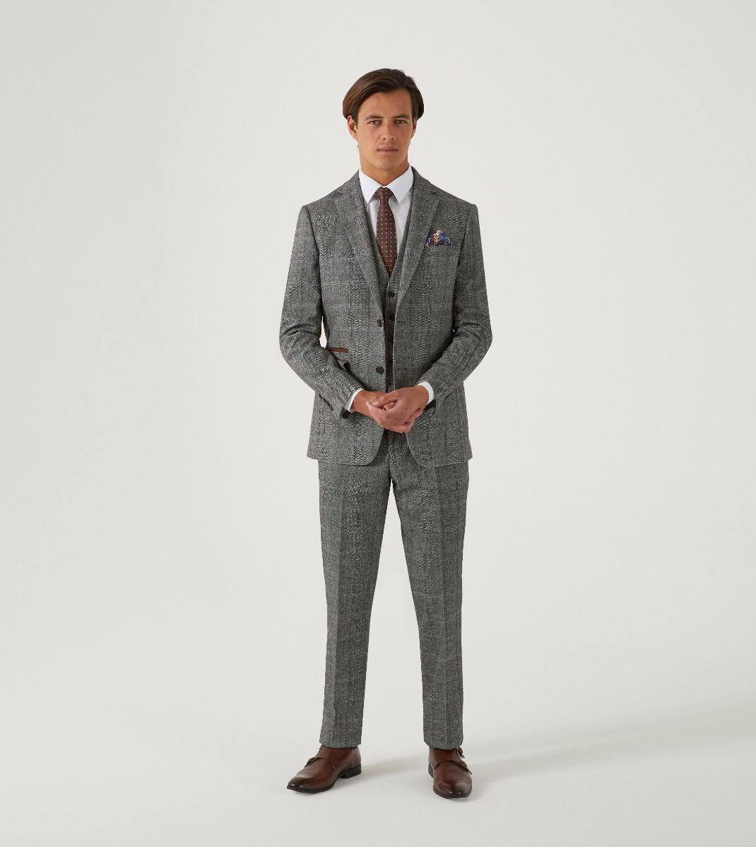 Skopes Rowan Suit Waistcoat For Men in Grey Herringbone Check, 34R to 62R