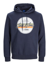 Jack & Jones Plus Size Men's Printed 1990 Sweat Hood in Navy Blazer Size US1XL-US6XL