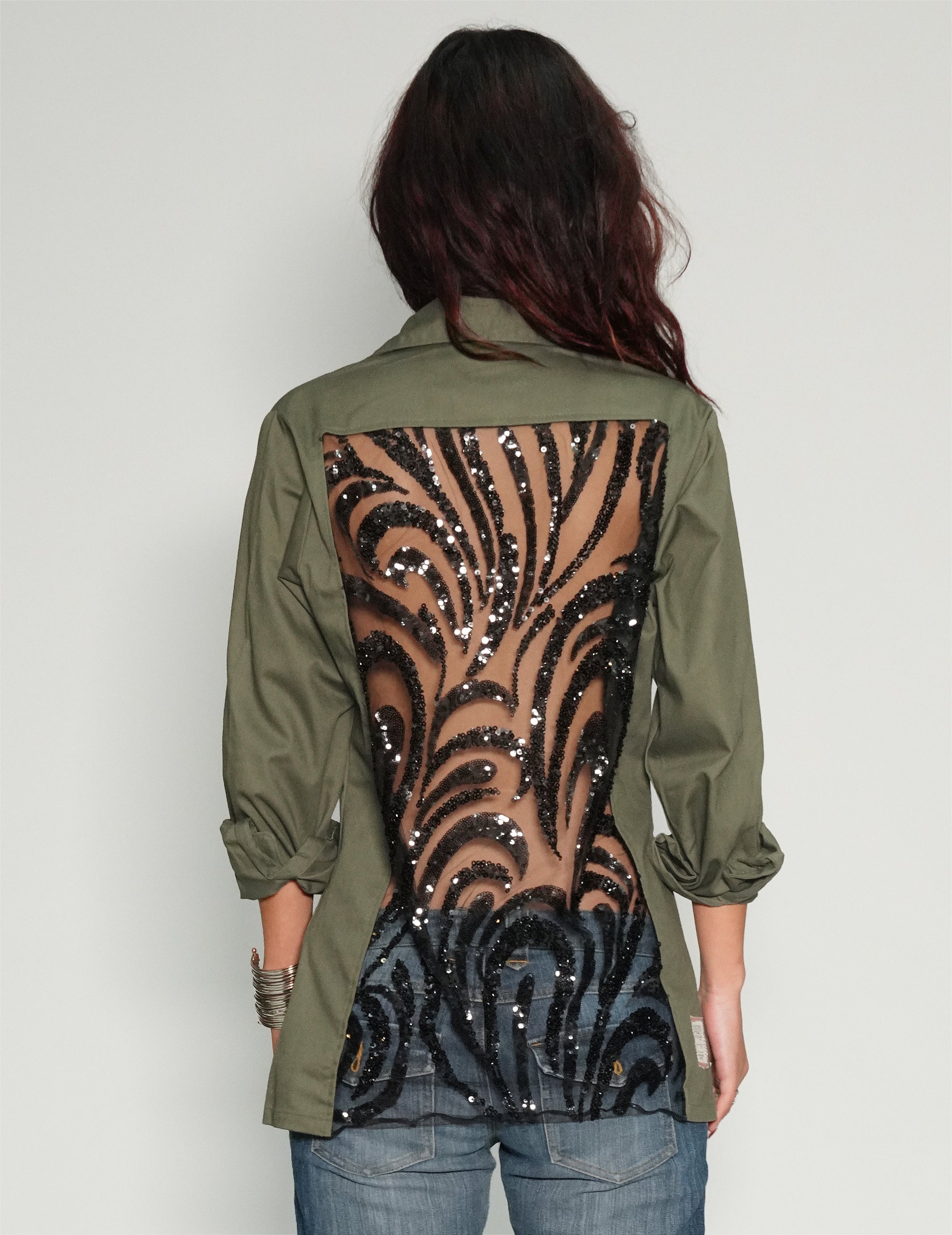 Party Back Shirt - Black Sequin - Khaki