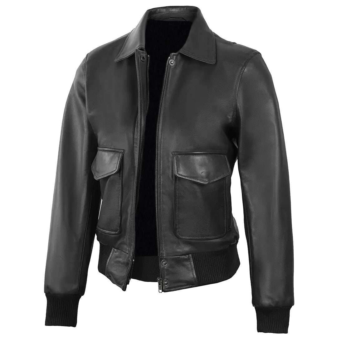 Women's Classic Leather Shirt Collar Bomber Jacket, Zip Front, Ribbed Trim | Black