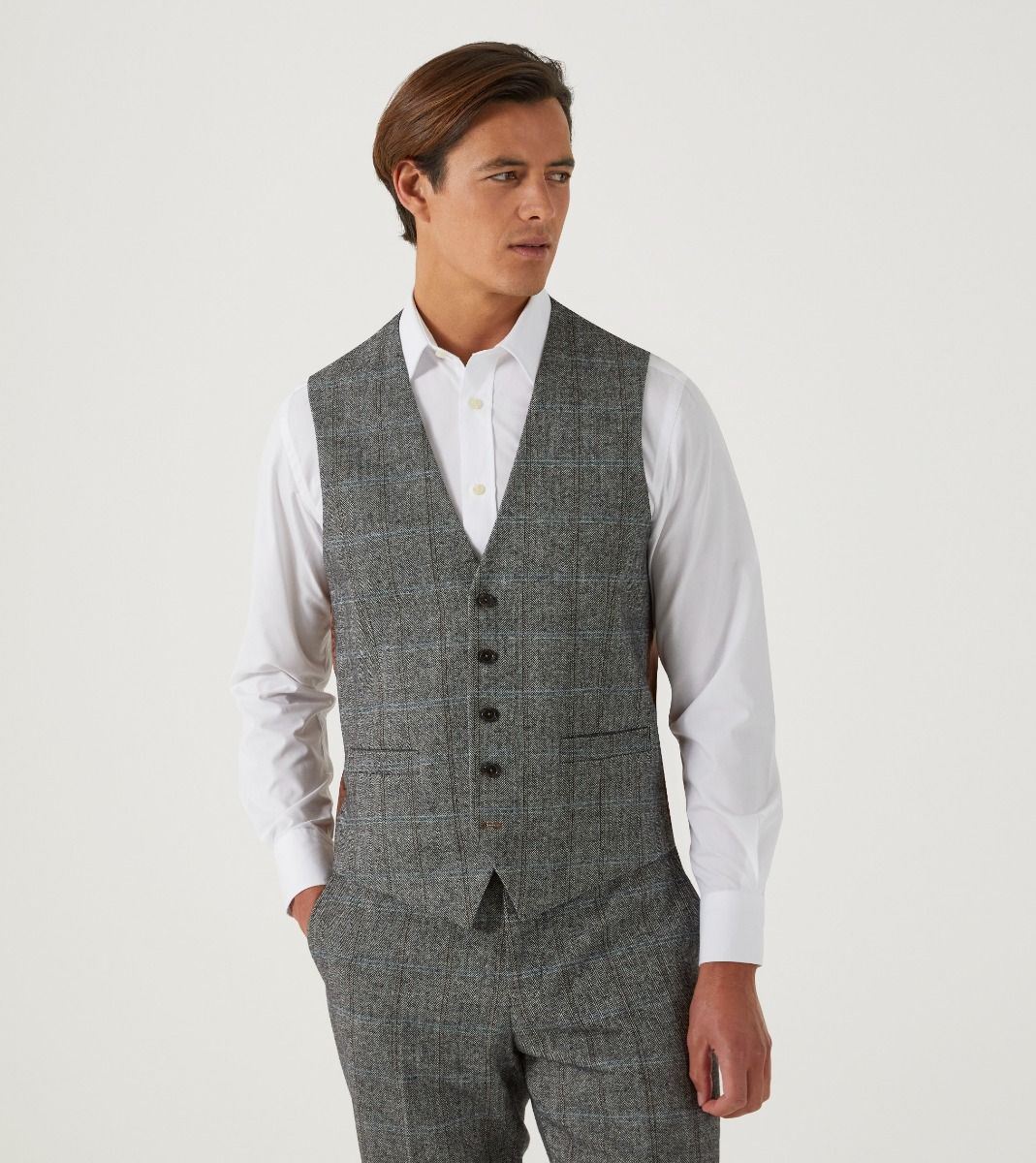 Skopes Rowan Suit Waistcoat For Men in Grey Herringbone Check, 34R to 62R