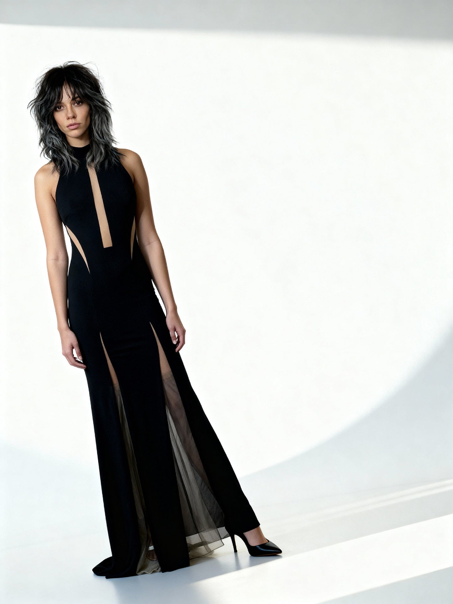 1970'S Vintage Black with Sheer Panelling Maxi Dress Uk 8 - 10