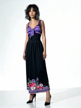 Original 1970's Vintage Black & Floral Print Maxi Dress UK 12 - 14