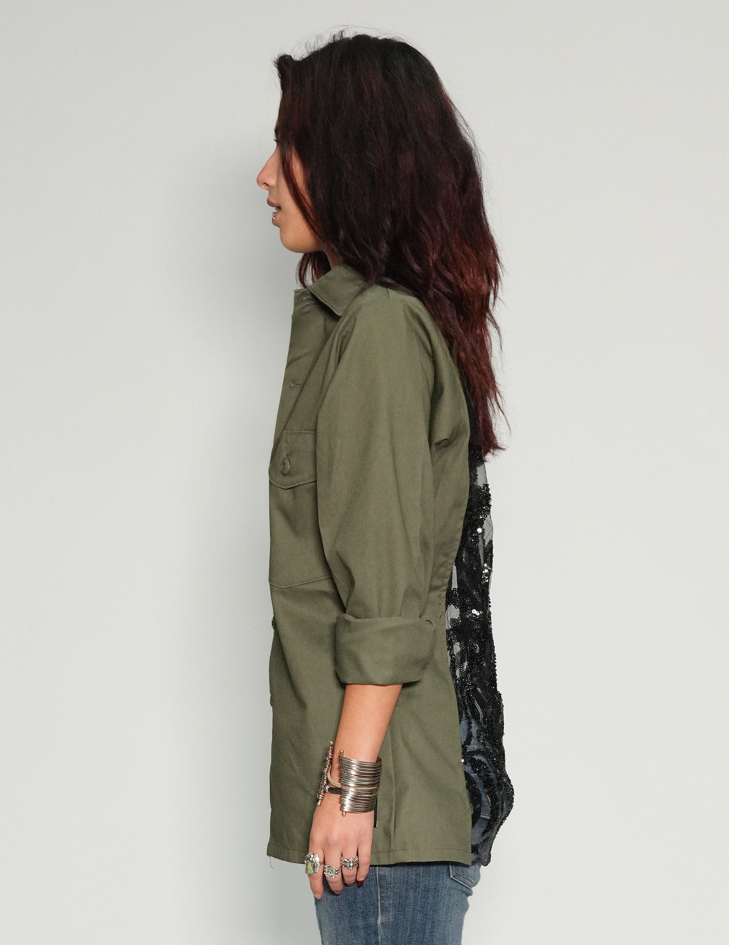 Party Back Shirt - Black Sequin - Khaki