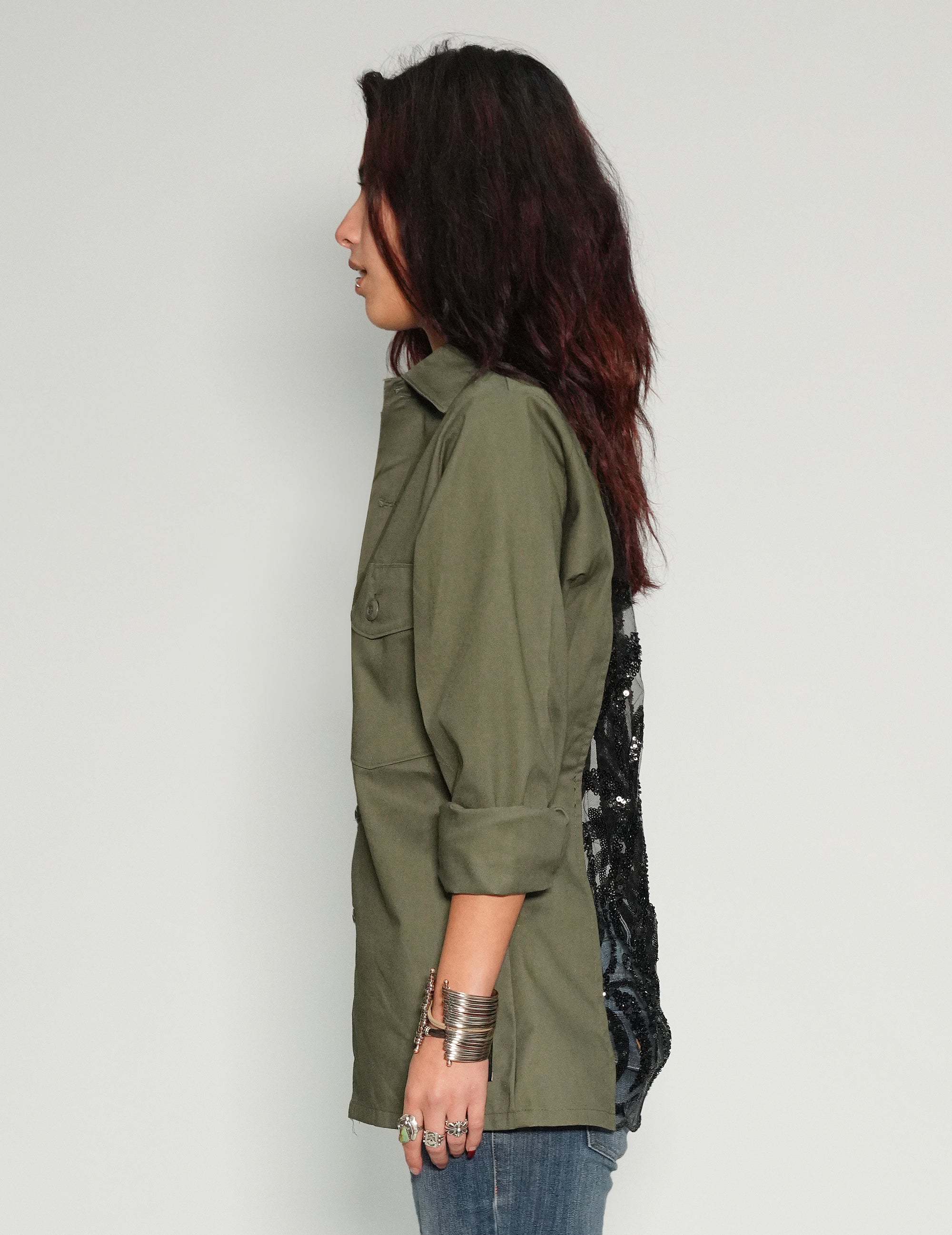 Party Back Shirt - Black Sequin - Khaki