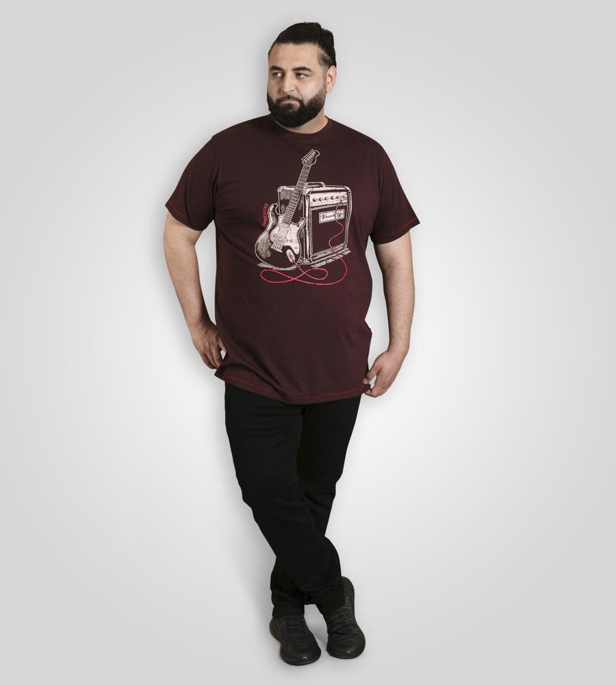 D555 BARNSLEY Guitar And Amp Printed Crew Neck T-shirt For Men in Burgundy, 2XL-10XL