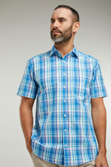 Double Two Life Style Men's Pure Cotton Short Sleeve Blue Window Check Shirt (1037A) 2XL-5XL