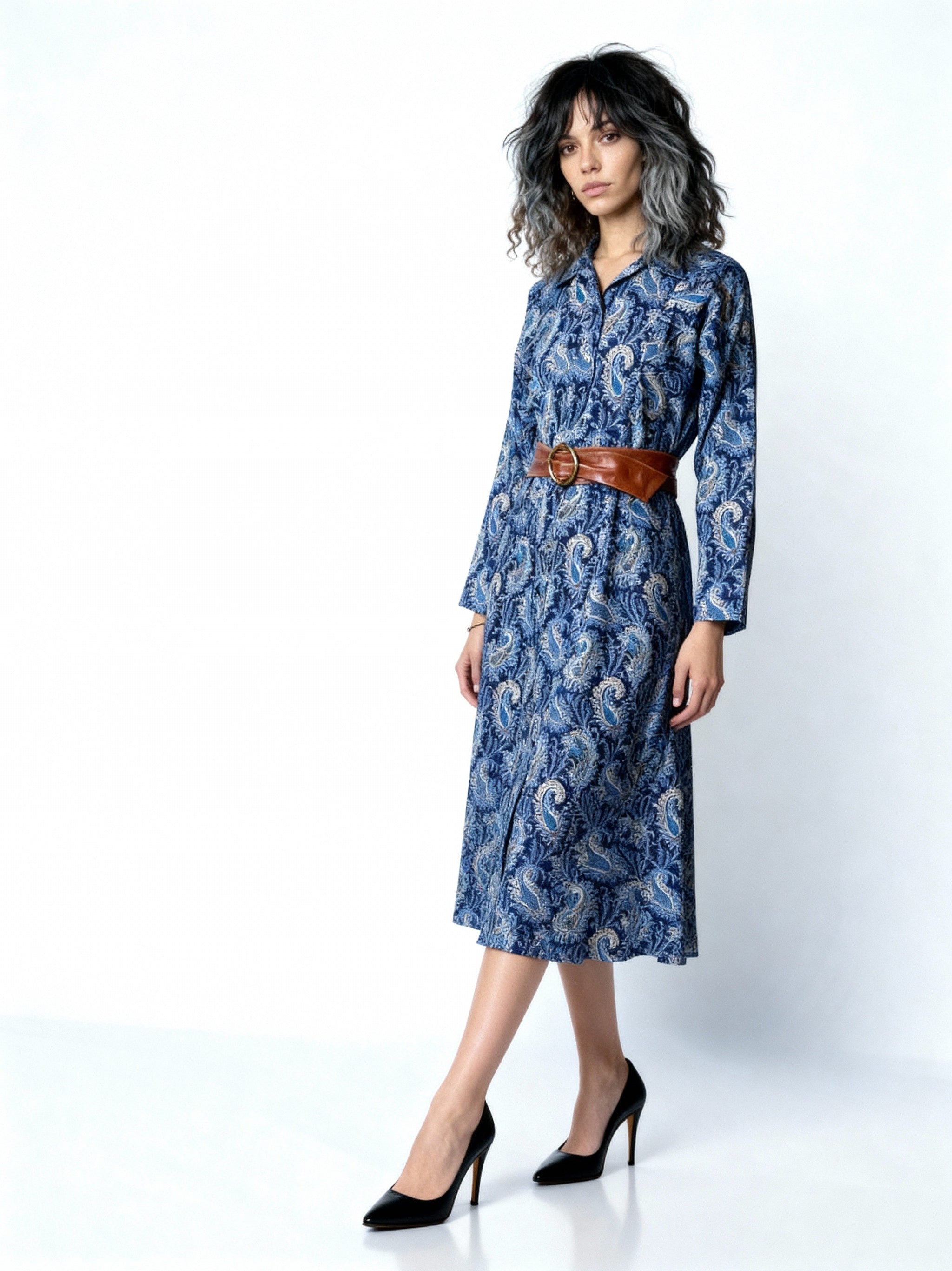 Original Vintage 1970's Liberty Print 100% Wool Paisley Print Blue Dress UK 10 - 12
