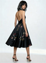 Original Vintage 1970's Black & Hand Painted Floral Print Cocktail Dress