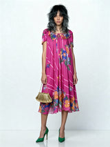 Original 1970's Vintage Bright Pink Floral Dress UK 8 - 12