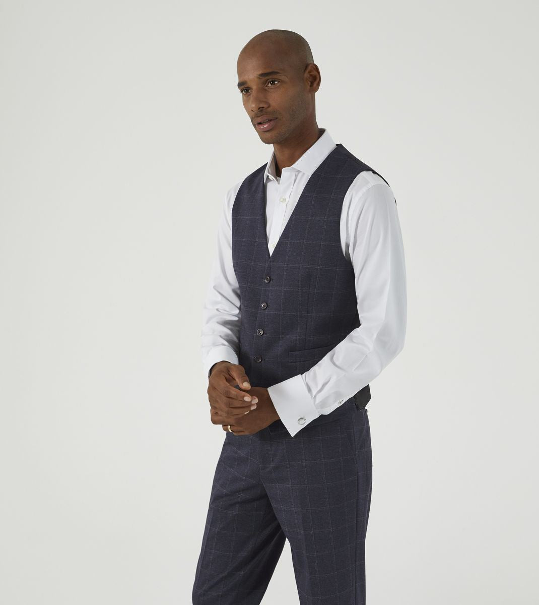 Skopes Thoresby Ultimate Comfort Suit Waistcoat For Men in Navy Blue/Grey Check, 34R to 62R