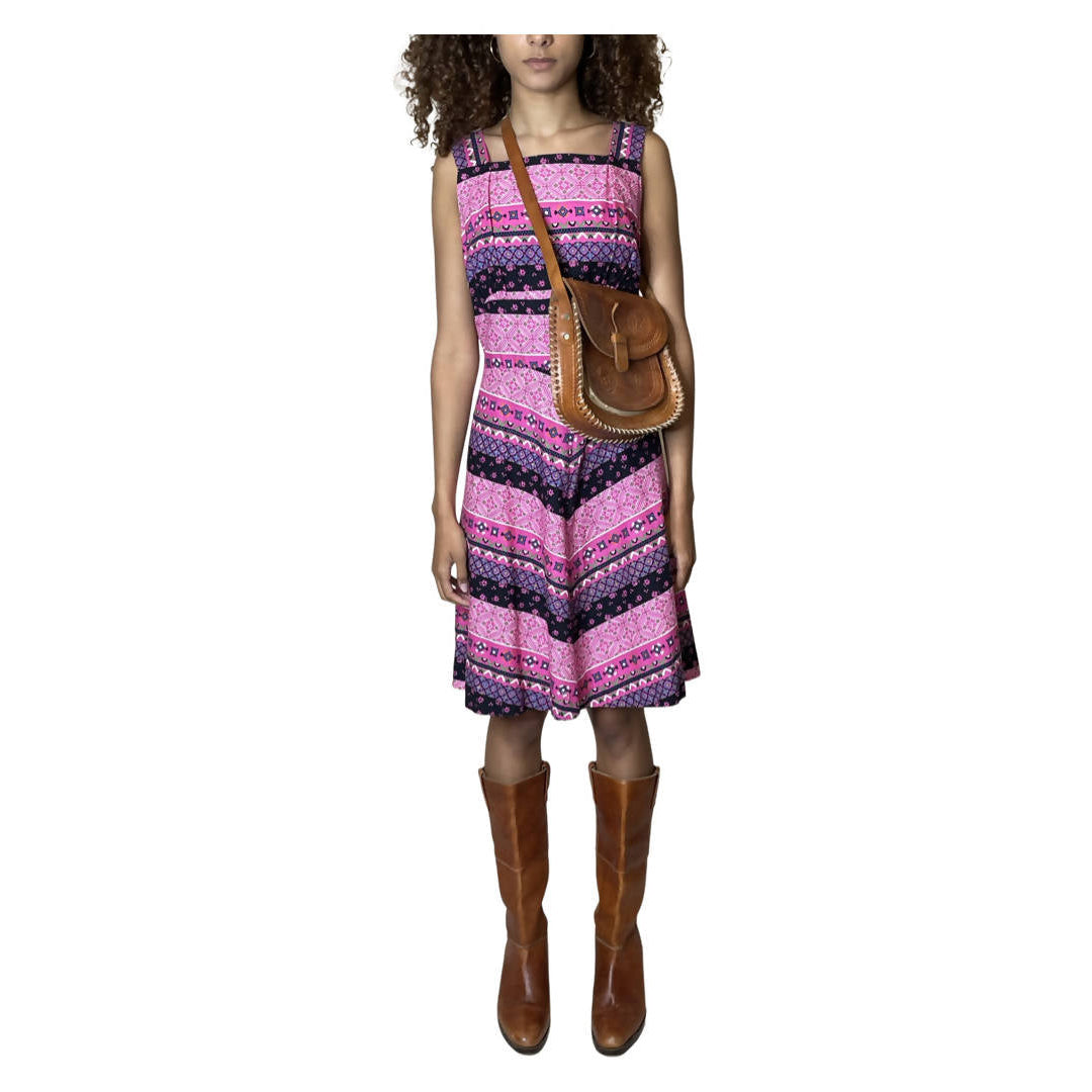 1970's Original Vintage Pink & Multi Coloured Floral Print Dress UK 8 - 12