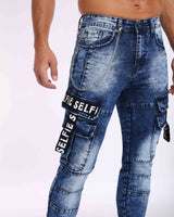 Printed Webbing Workwear Slim Fit Blue Jeans