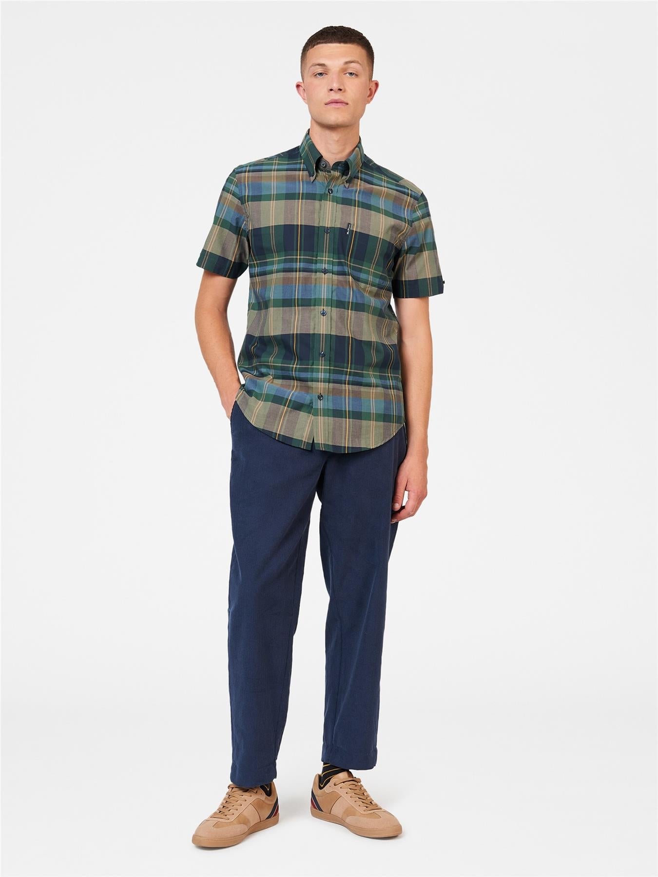 Ben Sherman Men's Short Sleeve Tartan Check in Green Cotton Shirt Size 2Xl-5Xl