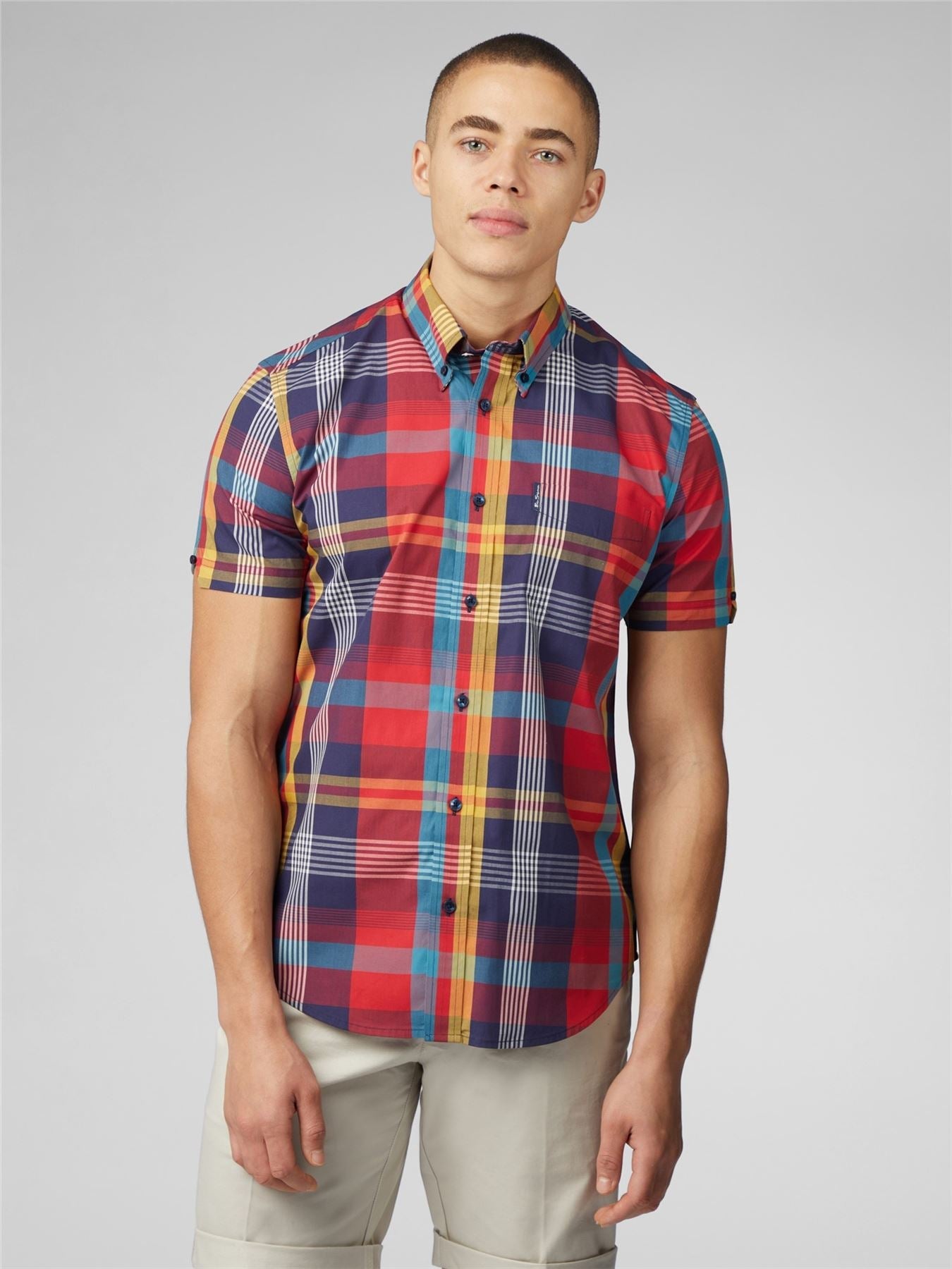 Ben Sherman Signature Large Madras Check Short Sleeve Shirt for Mens (0075938) in Scarlet, 2XL-5XL