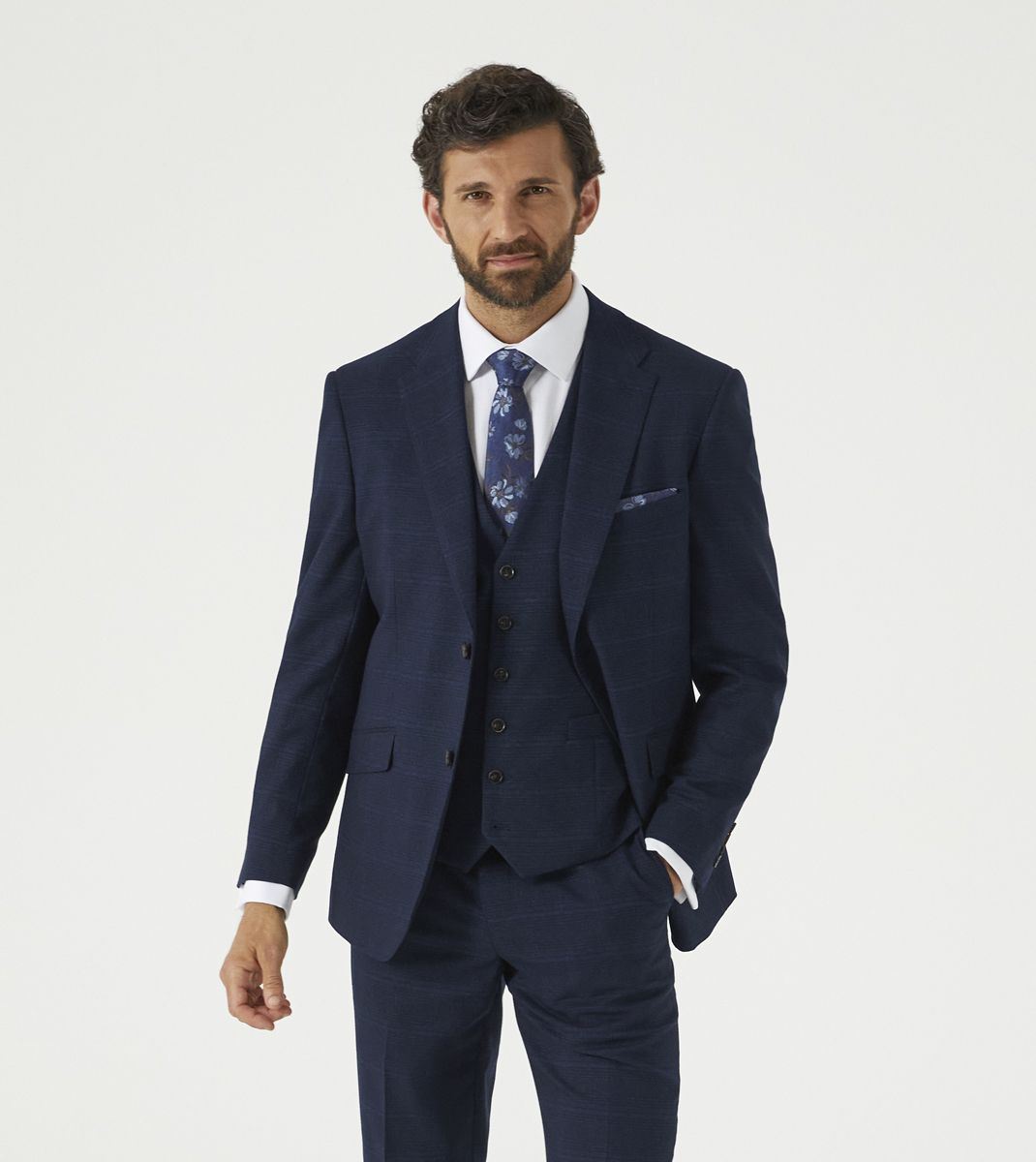 Skopes Hewes Suit Tailored Fit Jacket For Men in Navy Blue Self Check, 36S to 62L