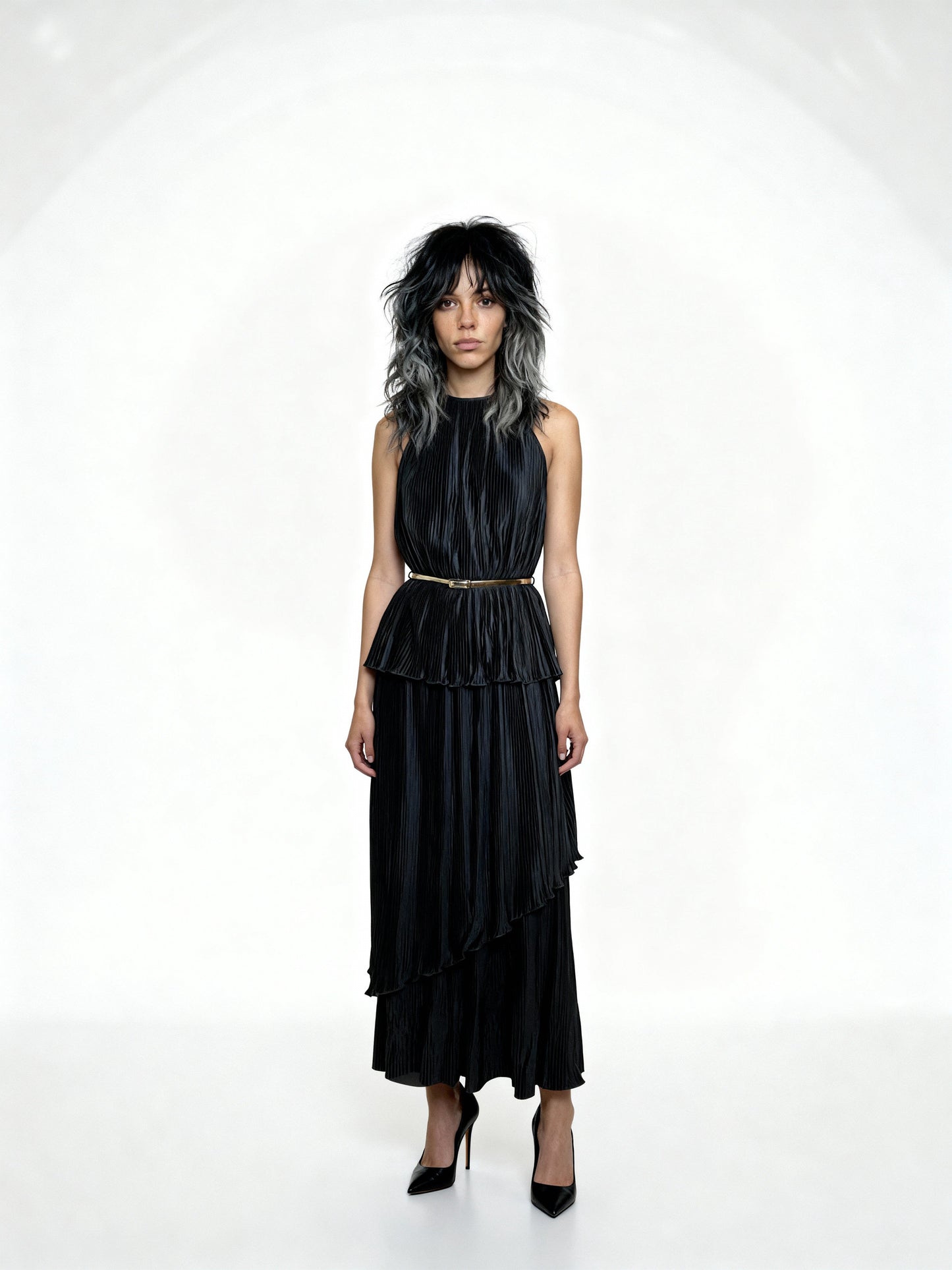 Vintage 1970's Black Thin Pleated & Tiered High Collar Dress UK 10 - 12