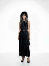 Vintage 1970's Black Thin Pleated & Tiered High Collar Dress UK 10 - 12