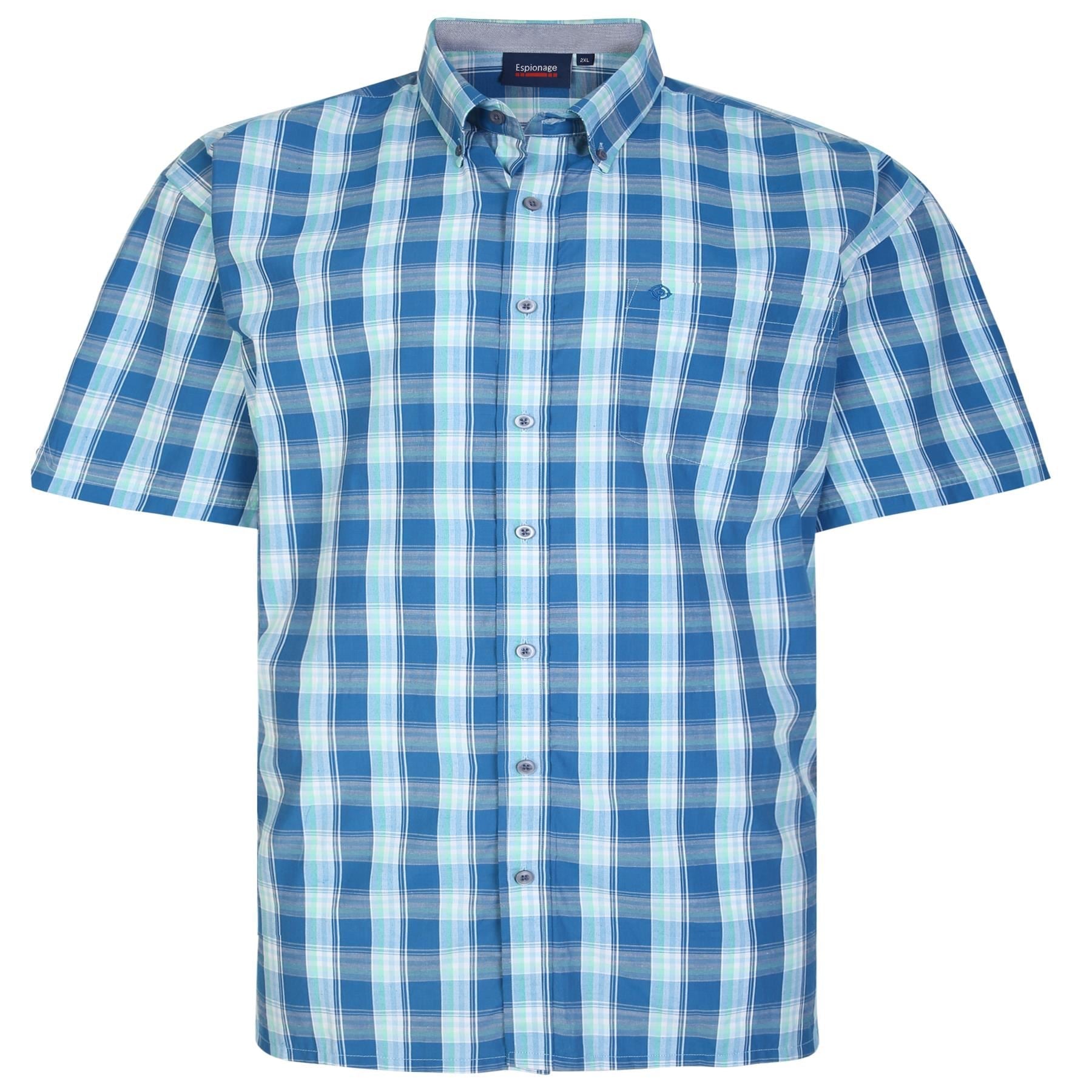 Espionage Men's Plus Size Poly cotton Short Sleeve Check Shirt in Denim/Mint 2XL to 8XL