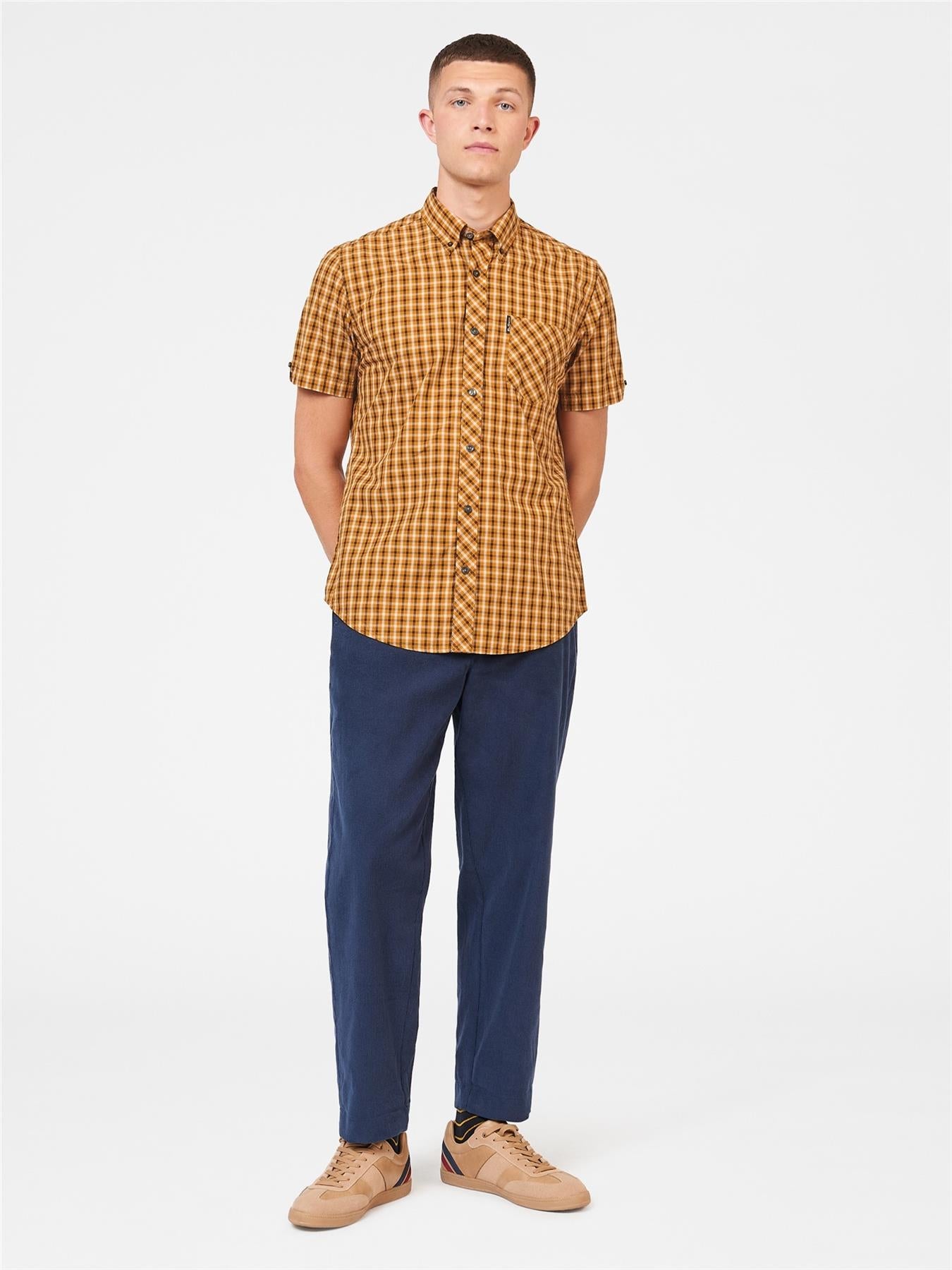 Ben Sherman Men's Short Sleeve Signature House Check Shirt in Mustard, Sizes 2XL to 5XL