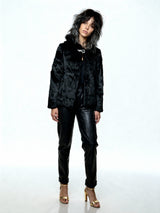 Original 1970's Vintage Black Fur Hooded Coat UK 8 - 12