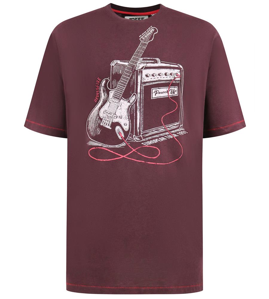 D555 BARNSLEY Guitar And Amp Printed Crew Neck T-shirt For Men in Burgundy, 2XL-10XL