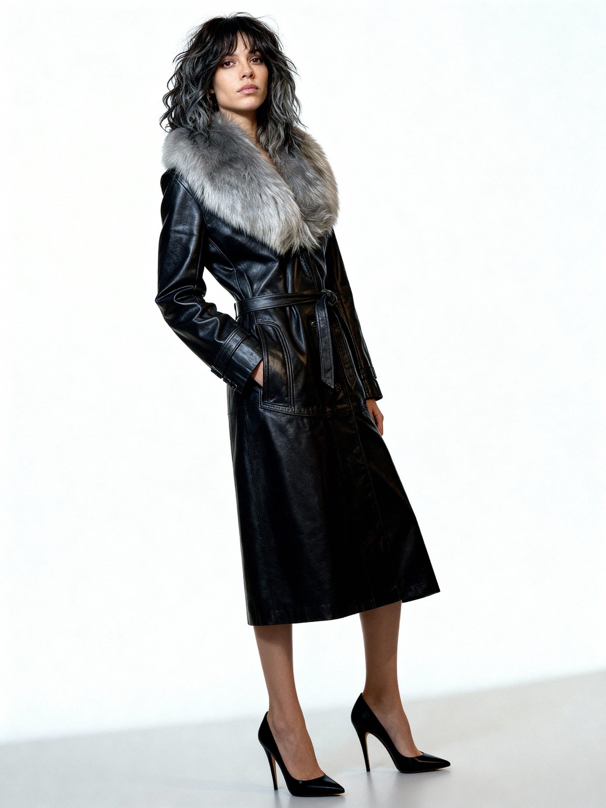 Original 1970's Vintage Black Leather & Sheepskin Coat UK 12 - 16
