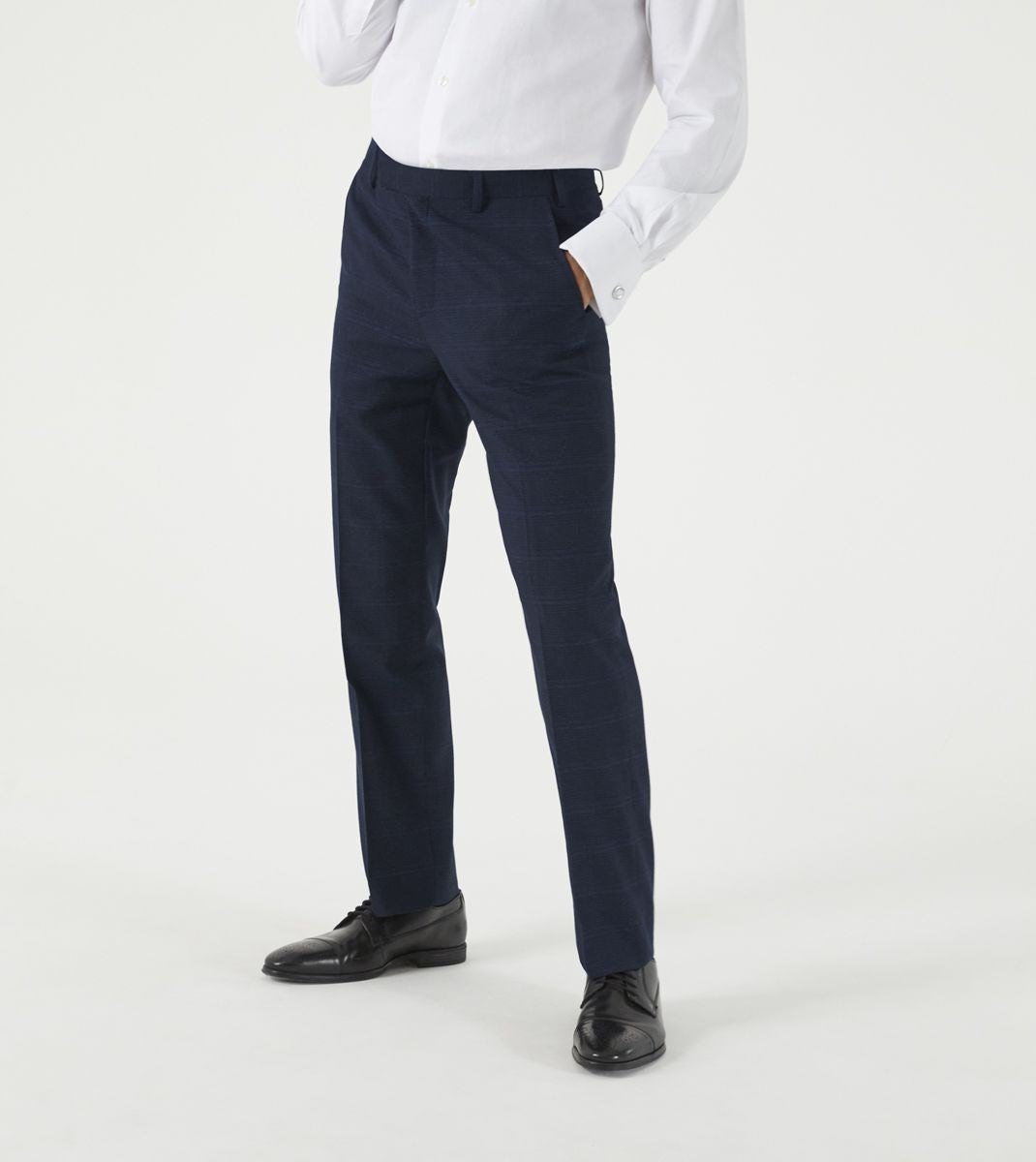 Skopes Hewes Suit Tailored Fit Trousers For Men in Navy Blue Self Check, 30W to 58W