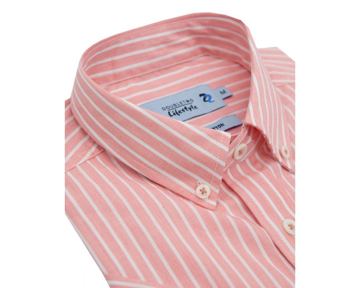 Double Two Men's Pure Cotton Short Sleeve Stripe Shirt in Pink/White 2XL to 5XL