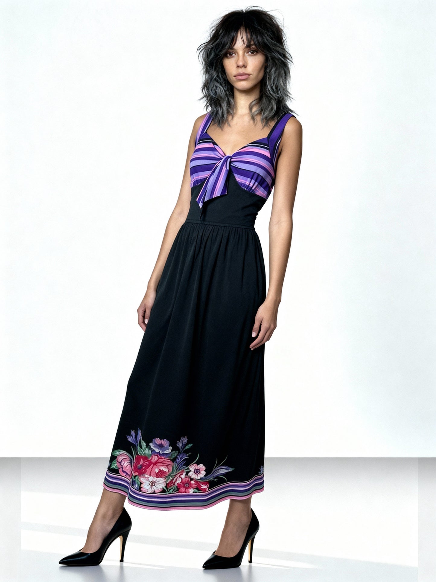 Original 1970's Vintage Black & Floral Print Maxi Dress UK 12 - 14