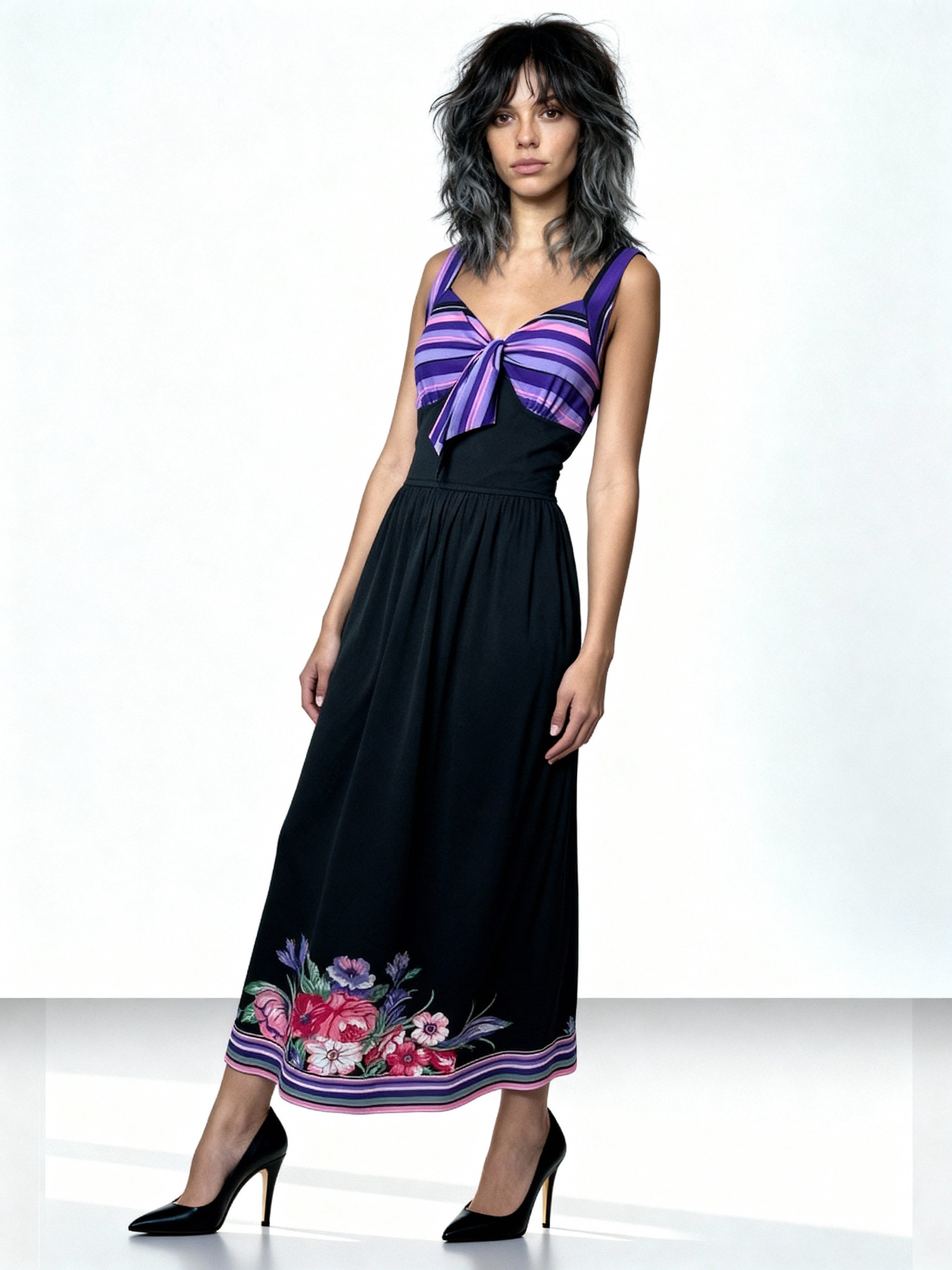 Original 1970's Vintage Black & Floral Print Maxi Dress UK 12 - 14