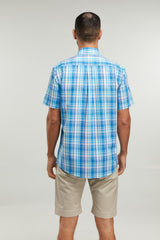 Double Two Life Style Men's Pure Cotton Short Sleeve Blue Window Check Shirt (1037A) 2XL-5XL