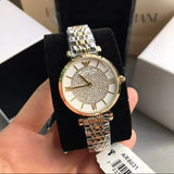 Emporio Armani Women's Watch Stainless Steel Silver & God Tone Strap White Pave Crystal White Dial AR8031 Gianni T-Bar