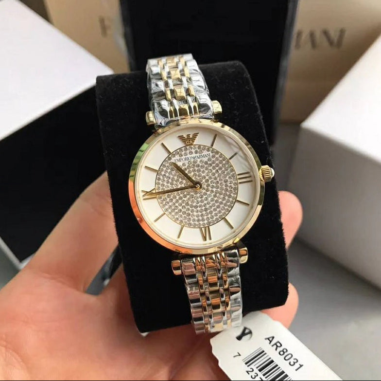 Emporio Armani Women's Watch Stainless Steel Silver & God Tone Strap White Pave Crystal White Dial AR8031 Gianni T-Bar