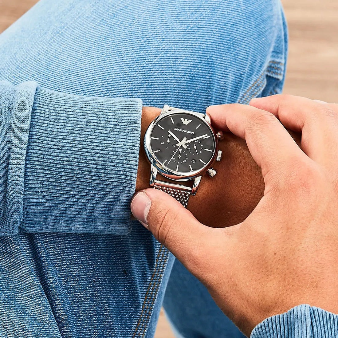 Emporio Armani Men's Watch Stainless Steel Silver Mesh Strap With Black Dial AR1811 Luigi