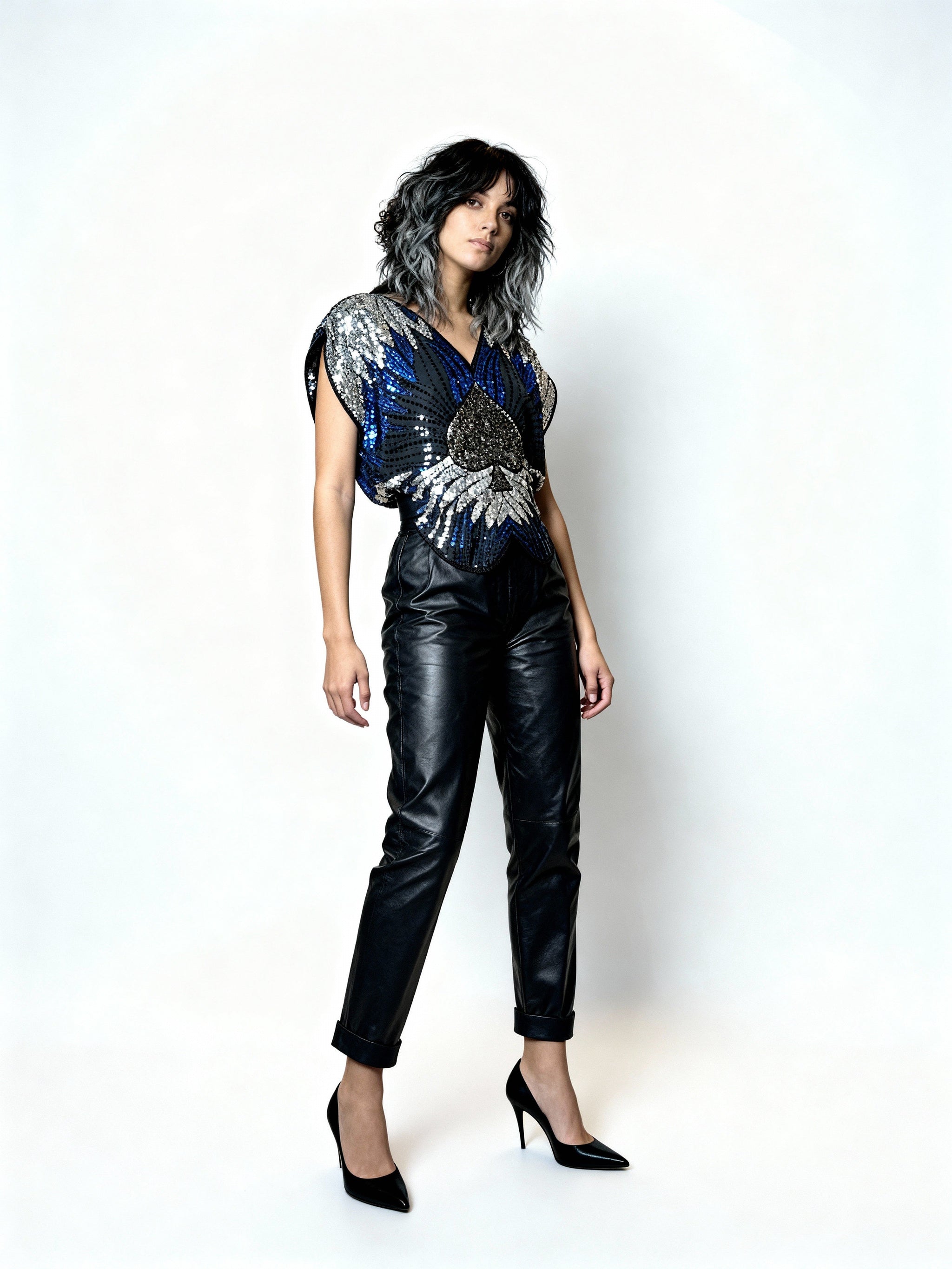 Original 1970's Vintage Black / Silver / Blue Sequinned Top UK 8 - 12