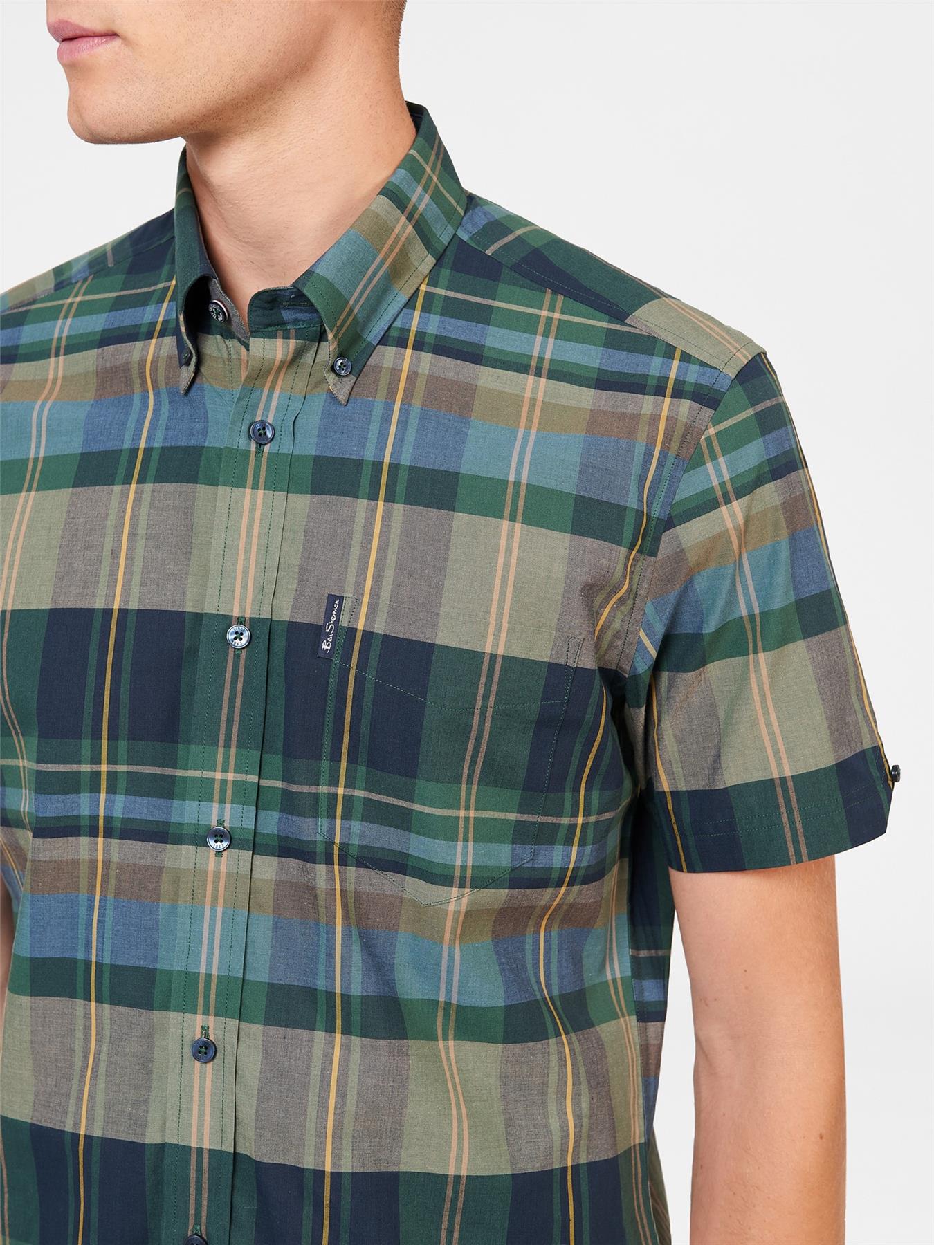 Ben Sherman Men's Short Sleeve Tartan Check in Green Cotton Shirt Size 2Xl-5Xl