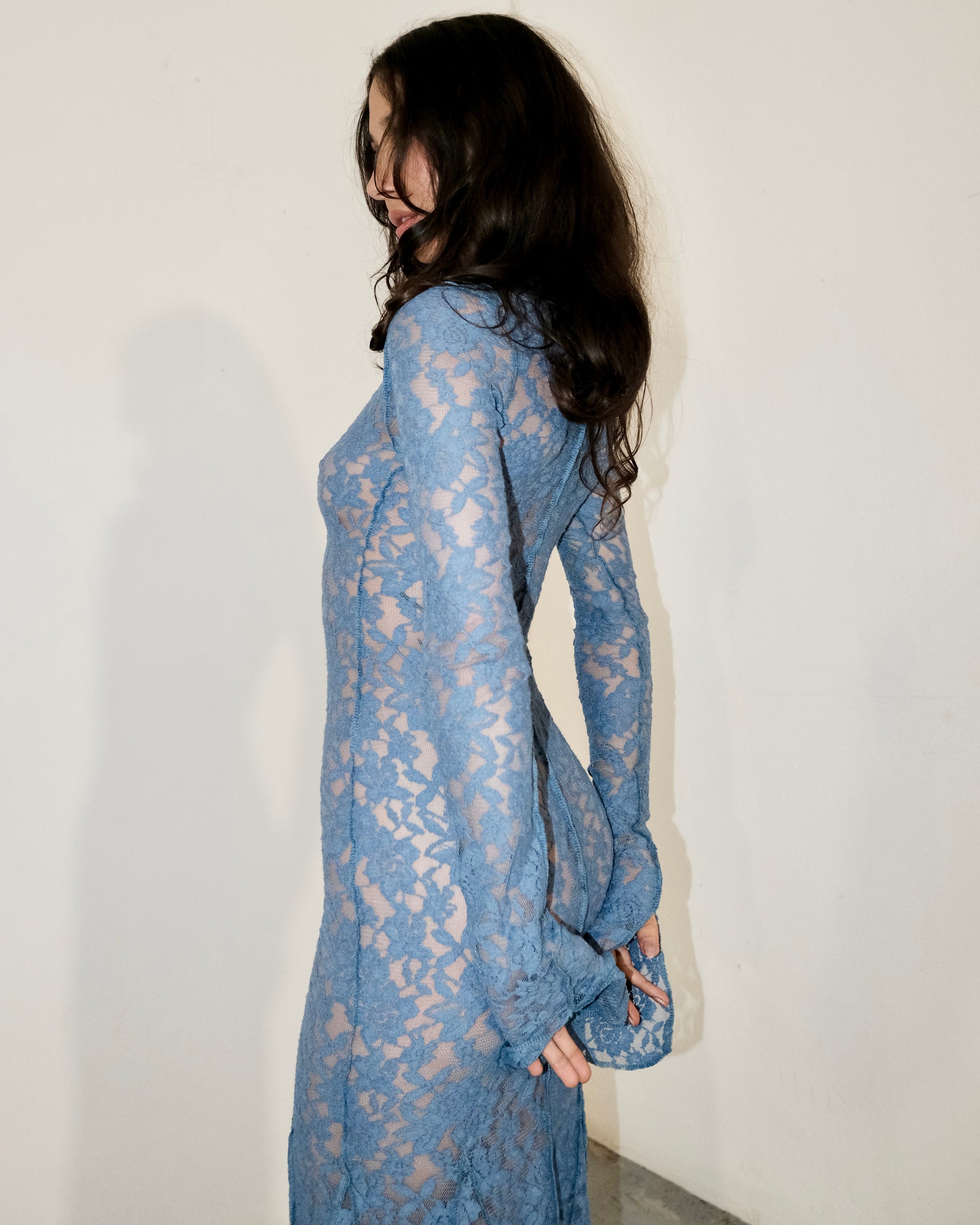 Blue Lace Floral Vintage Maxi Dress & Head Scarf (Optional)