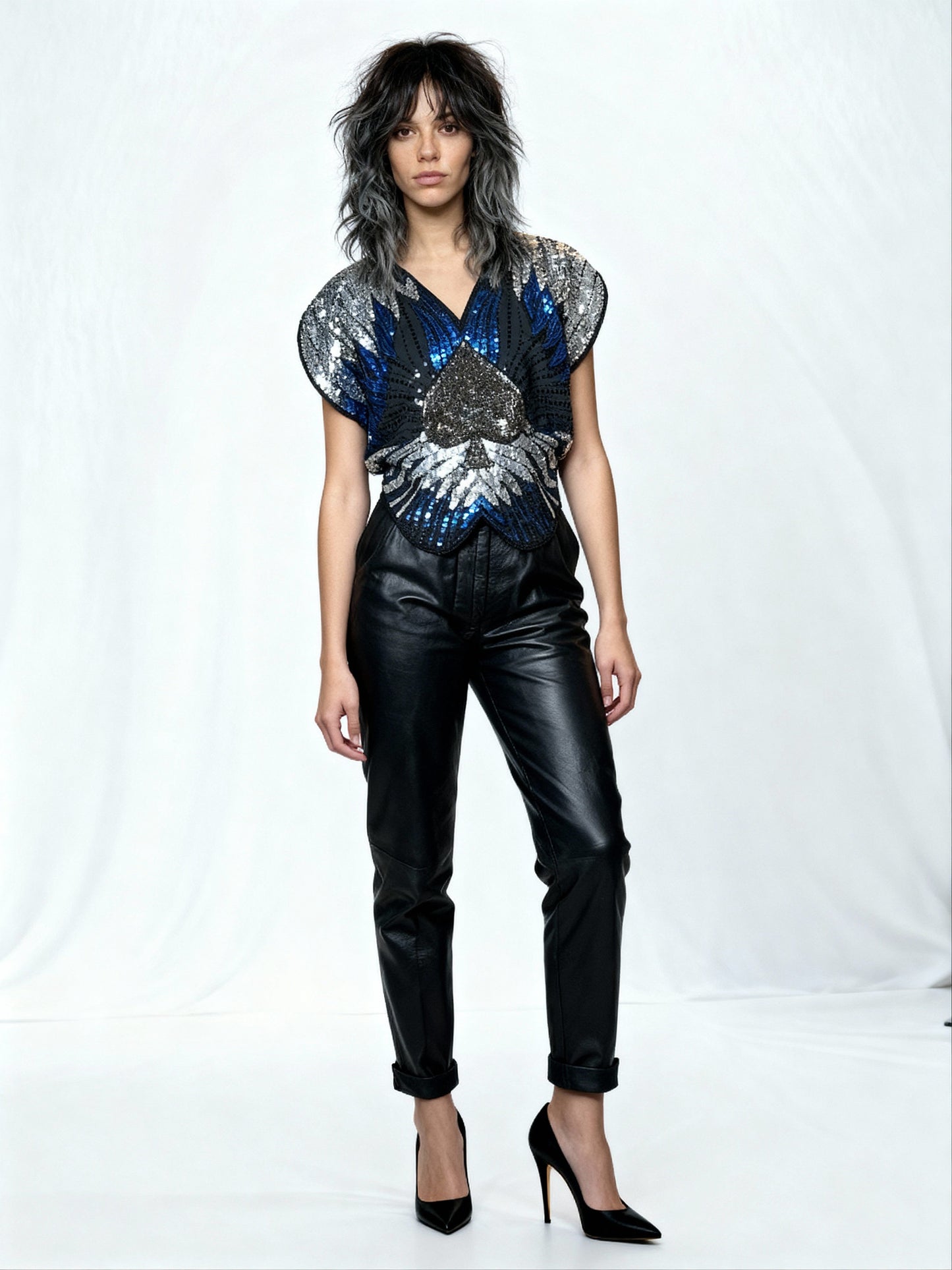 Original 1970's Vintage Black / Silver / Blue Sequinned Top UK 8 - 12